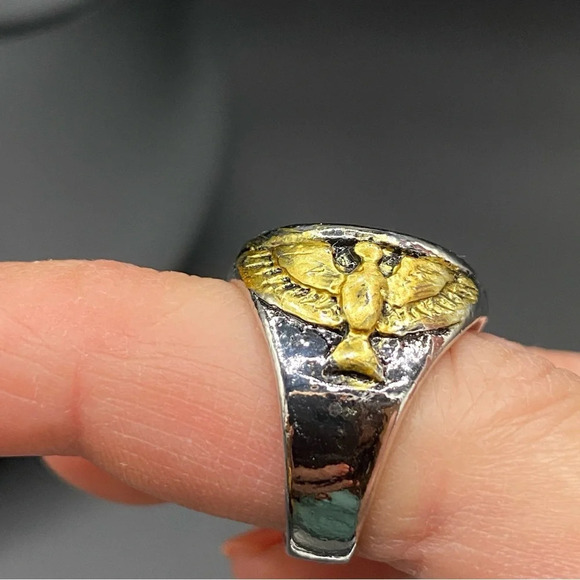 Gold Plated Stainless Steel 6 Point Star Ring with Eagle Design Size 8 - Picture 7 of 11